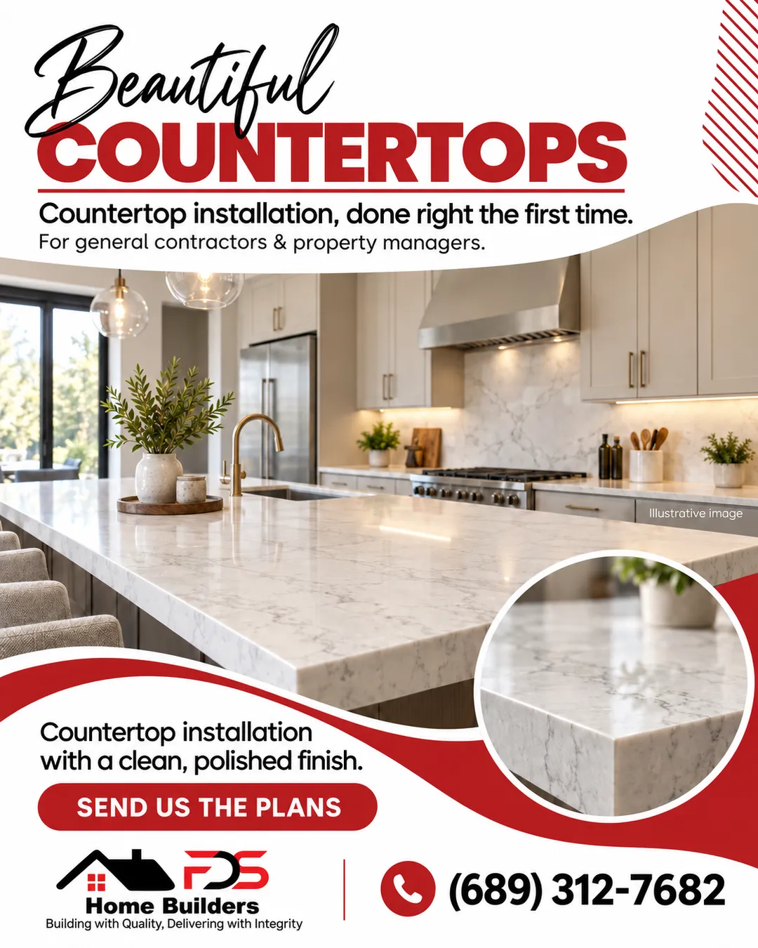 Illustrative kitchen with light stone countertops and fitted cabinets